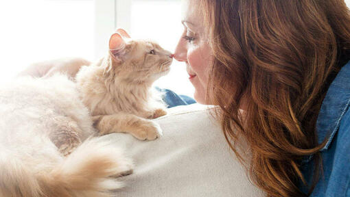 Mujer y gato frotándose la nariz
