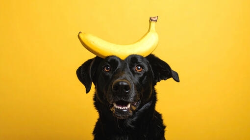 Perro negro con un plátano apoyado en la cabeza sobre fondo amarillo.